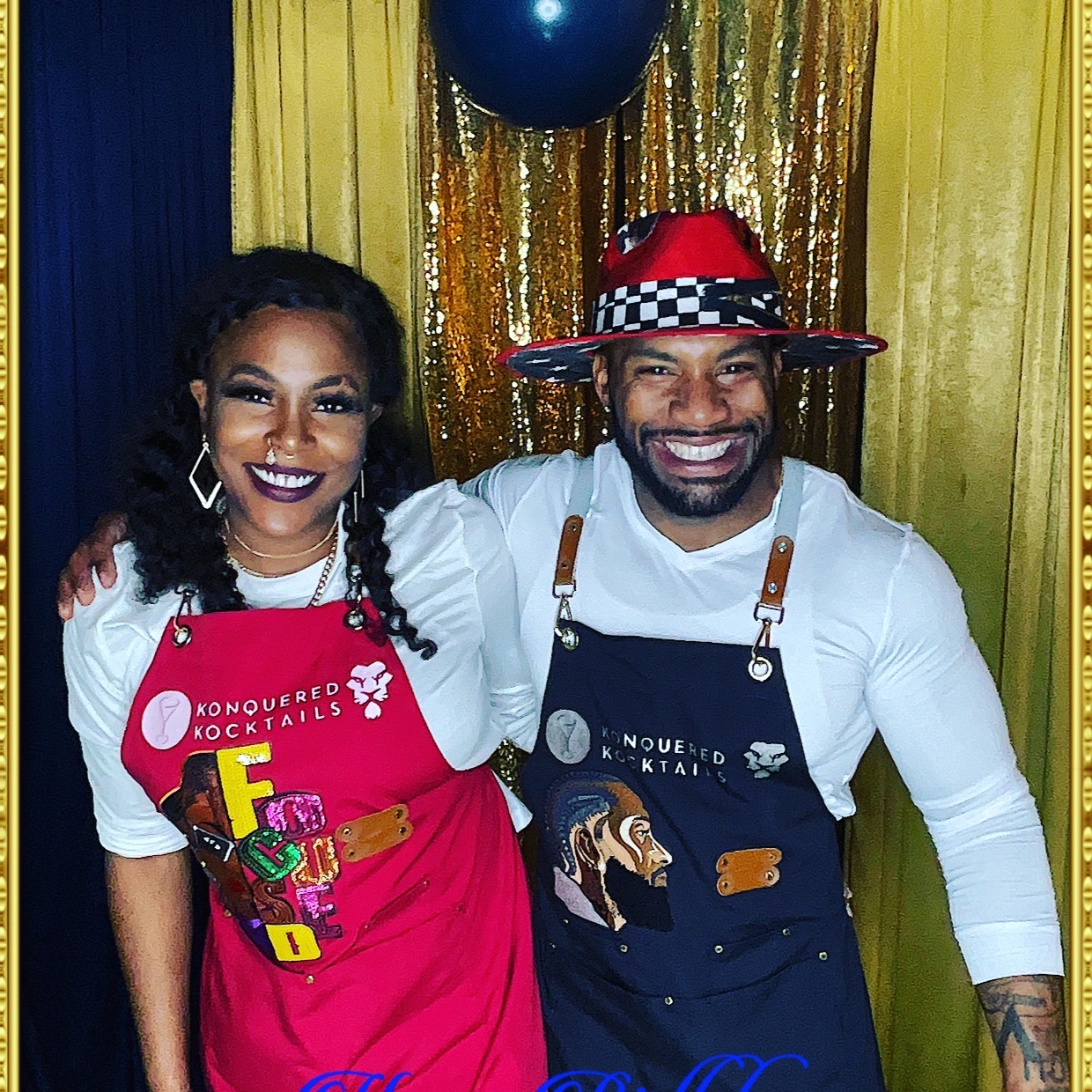 The Konquered Kocktails team in branded aprons
